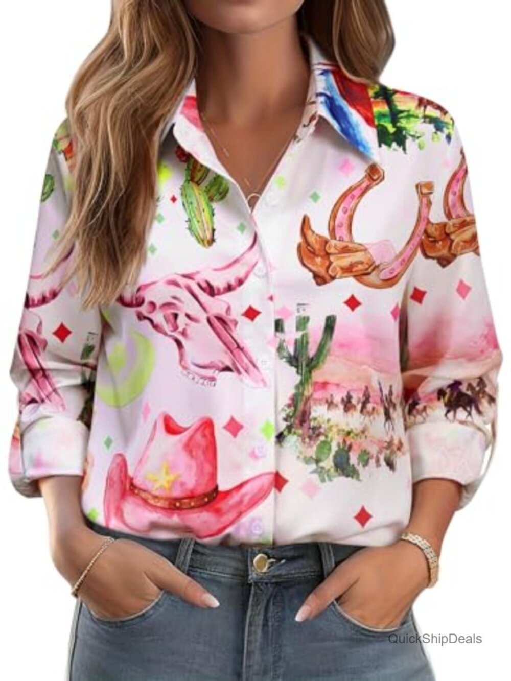 Western Cowgirl Rodeo Print Button Down Shirt Rolled 3/4 Sleeve Country Concert